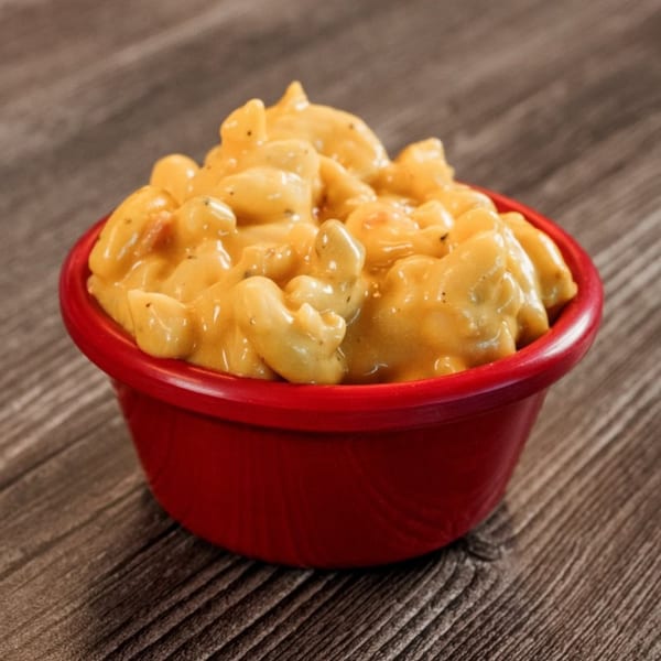 Bone Ends' creamy mac and cheese in a red bowl on a rustic wooden table.