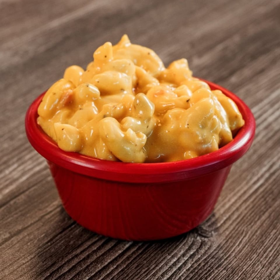 Bone Ends' creamy mac and cheese in a red bowl on a rustic wooden table.